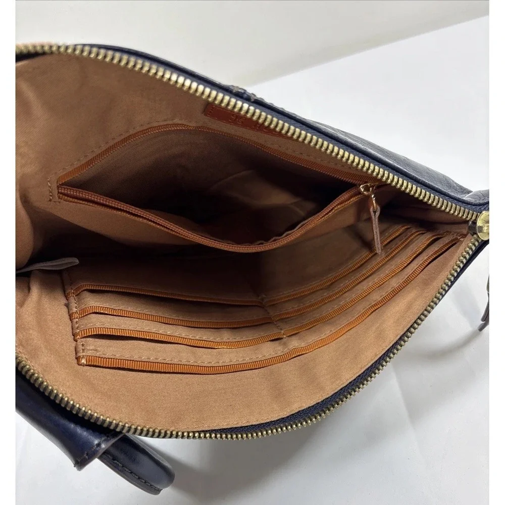 HOBO International Navy Polished Leather Sable Wristlet Circular‎ Handle Preppy